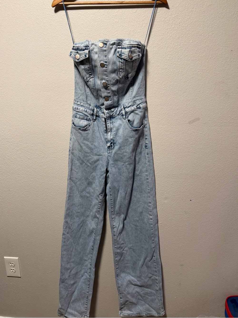 Fashion Nova Light Blue Strapless Denim Overalls